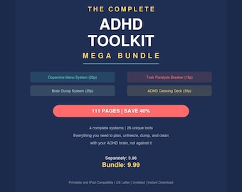 ADHS-Planer-Paket (146 Seiten), Komplettes ADHS-Toolkit (5 Systeme), Dopamin-Menü, Budgetplanung, Brain Dump, Neurodiversität, Digital