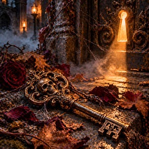 May include: An ornate, antique-style metal key featuring a skull motif on the bow, resting on a stone surface covered in fallen autumn leaves. In the background, a dark, weathered door with a glowing keyhole emits a bright, warm light.