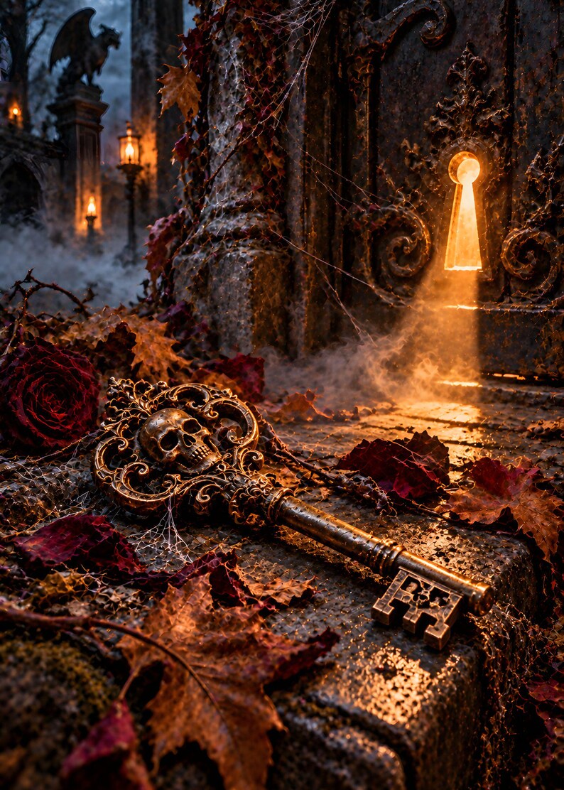 May include: An ornate, antique-style metal key featuring a skull motif on the bow, resting on a stone surface covered in fallen autumn leaves. In the background, a dark, weathered door with a glowing keyhole emits a bright, warm light.