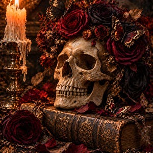 May include: A human skull adorned with a crown of deep red and black roses and butterflies, resting atop an ornate, aged leather-bound book. A lit candle in a metallic holder stands to the left, with scattered petals and lace fabric nearby.