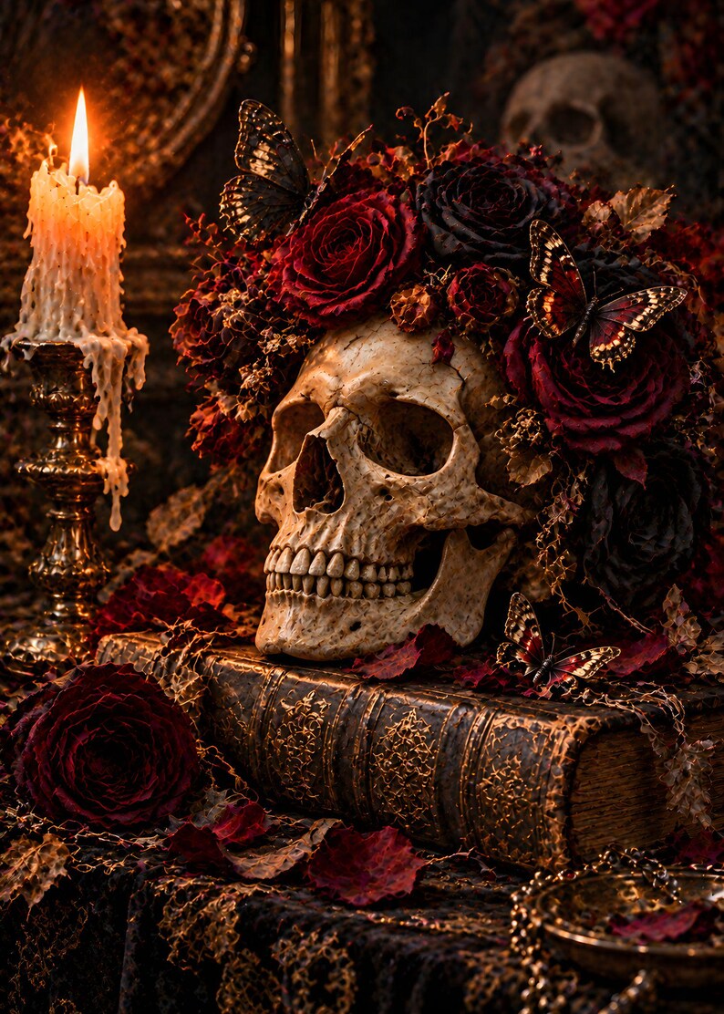 May include: A human skull adorned with a crown of deep red and black roses and butterflies, resting atop an ornate, aged leather-bound book. A lit candle in a metallic holder stands to the left, with scattered petals and lace fabric nearby.