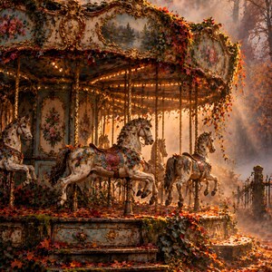 May include: An ornate carousel featuring white horses with saddles, decorated with intricate gold trim and floral panels. The structure is covered in autumn foliage and fallen maple leaves, set within a misty, sunlit forest clearing.