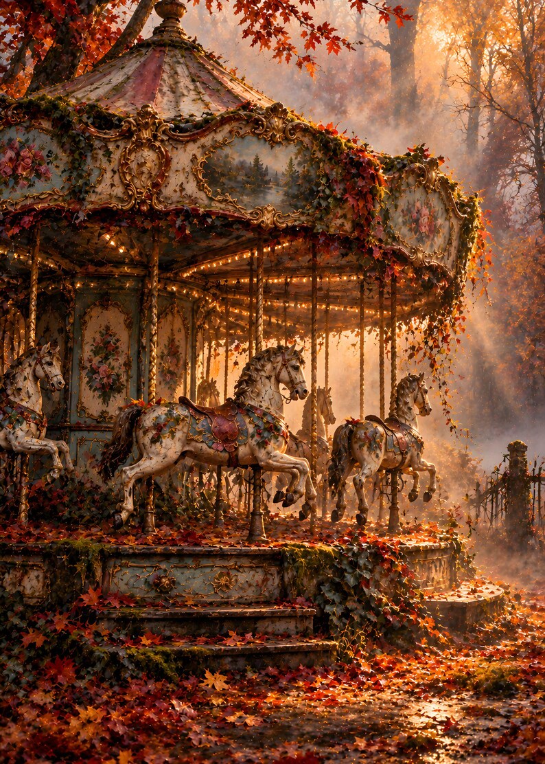 May include: An ornate carousel featuring white horses with saddles, decorated with intricate gold trim and floral panels. The structure is covered in autumn foliage and fallen maple leaves, set within a misty, sunlit forest clearing.