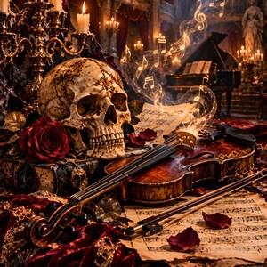 May include: A human skull with gold filigree sits beside a dark wood violin and bow on a surface covered in sheet music and red rose petals. A candelabra with lit candles stands nearby, while glowing musical notes rise from the violin strings.