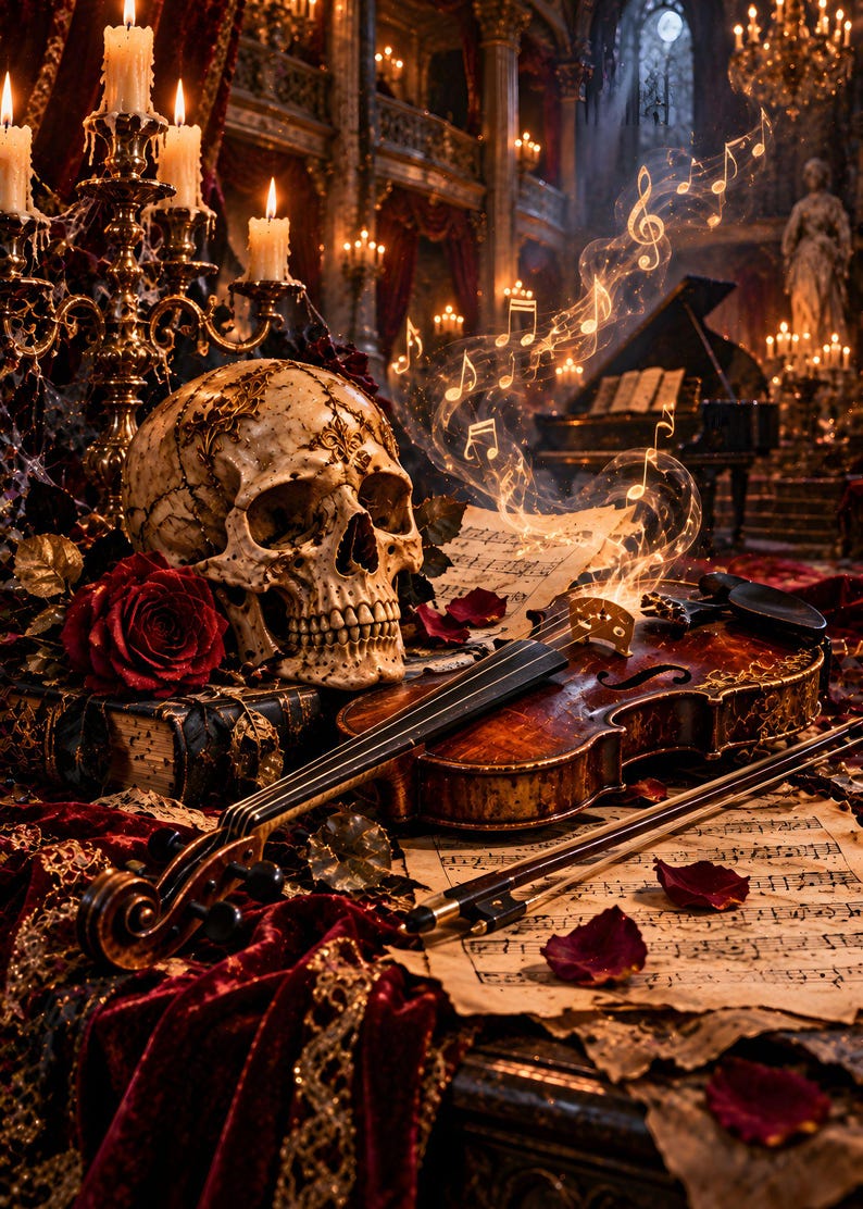 May include: A human skull with gold filigree sits beside a dark wood violin and bow on a surface covered in sheet music and red rose petals. A candelabra with lit candles stands nearby, while glowing musical notes rise from the violin strings.