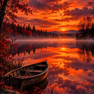 May include: A wooden rowboat rests at the edge of a calm lake during a vibrant sunset. The sky is filled with intense orange and red clouds, reflecting on the water surface. Autumn trees with red leaves frame the scene, and distant mountains.