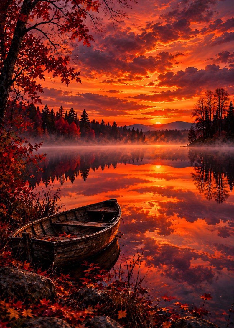May include: A wooden rowboat rests at the edge of a calm lake during a vibrant sunset. The sky is filled with intense orange and red clouds, reflecting on the water surface. Autumn trees with red leaves frame the scene, and distant mountains.