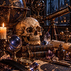 May include: A human skull wearing round spectacles rests on antique leather-bound books, surrounded by a celestial globe, a brass telescope, a lit candle, a compass, crystal spheres, and star charts in a dimly lit room with a view of a castle.