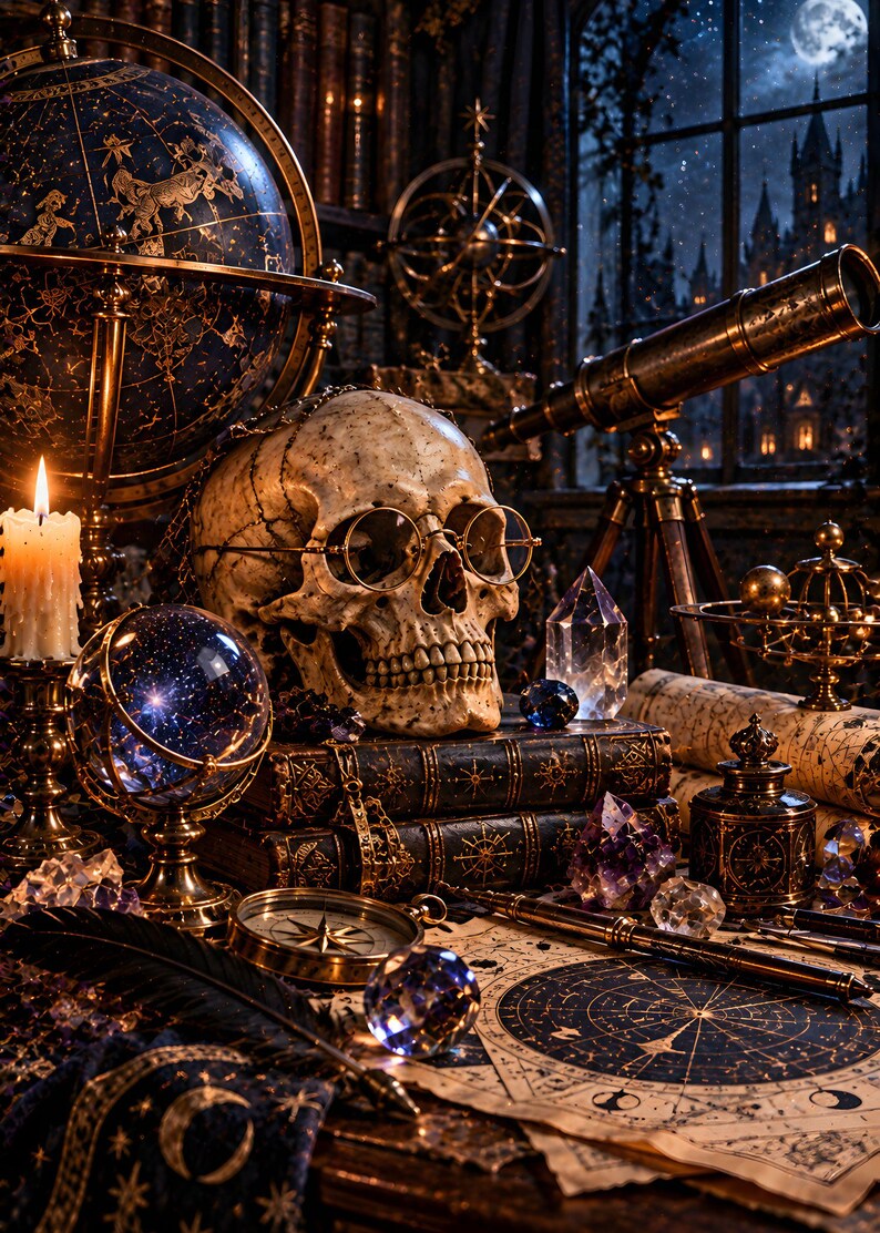 May include: A human skull wearing round spectacles rests on antique leather-bound books, surrounded by a celestial globe, a brass telescope, a lit candle, a compass, crystal spheres, and star charts in a dimly lit room with a view of a castle.