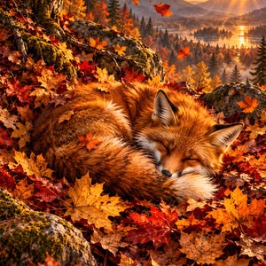 Peut inclure: Un renard roux au pelage &eacute;pais recroquevill&eacute; en boule, dormant paisiblement au milieu d'un tapis dense de feuilles d'&eacute;rable tomb&eacute;es aux teintes orange, rouge et jaune. La sc&egrave;ne se situe au pied d'un arbre avec des rochers moussus.