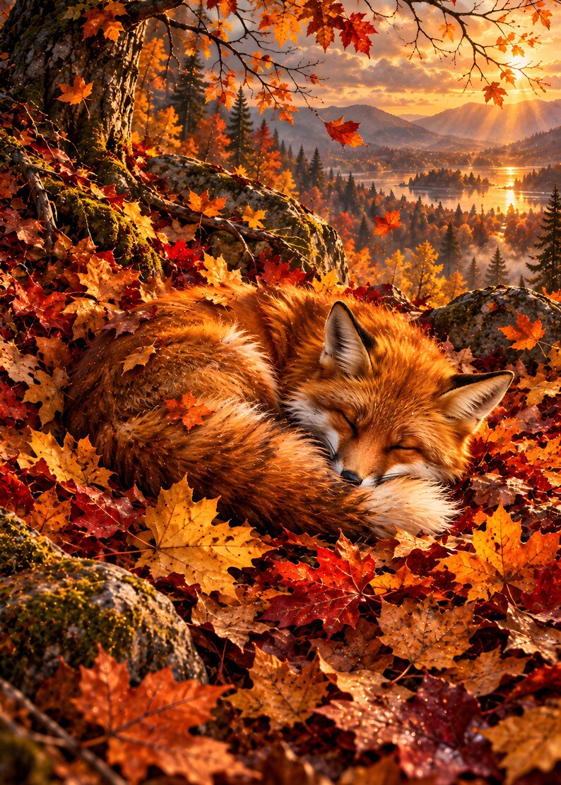 Peut inclure: Un renard roux au pelage &eacute;pais recroquevill&eacute; en boule, dormant paisiblement au milieu d'un tapis dense de feuilles d'&eacute;rable tomb&eacute;es aux teintes orange, rouge et jaune. La sc&egrave;ne se situe au pied d'un arbre avec des rochers moussus.