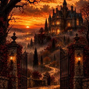 May include: A stone castle sits atop a hill at sunset, viewed through an open wrought iron gate. The scene features a winding path, glowing lanterns on stone pillars, and a vibrant orange sky filled with clouds above a misty, forested landscape.