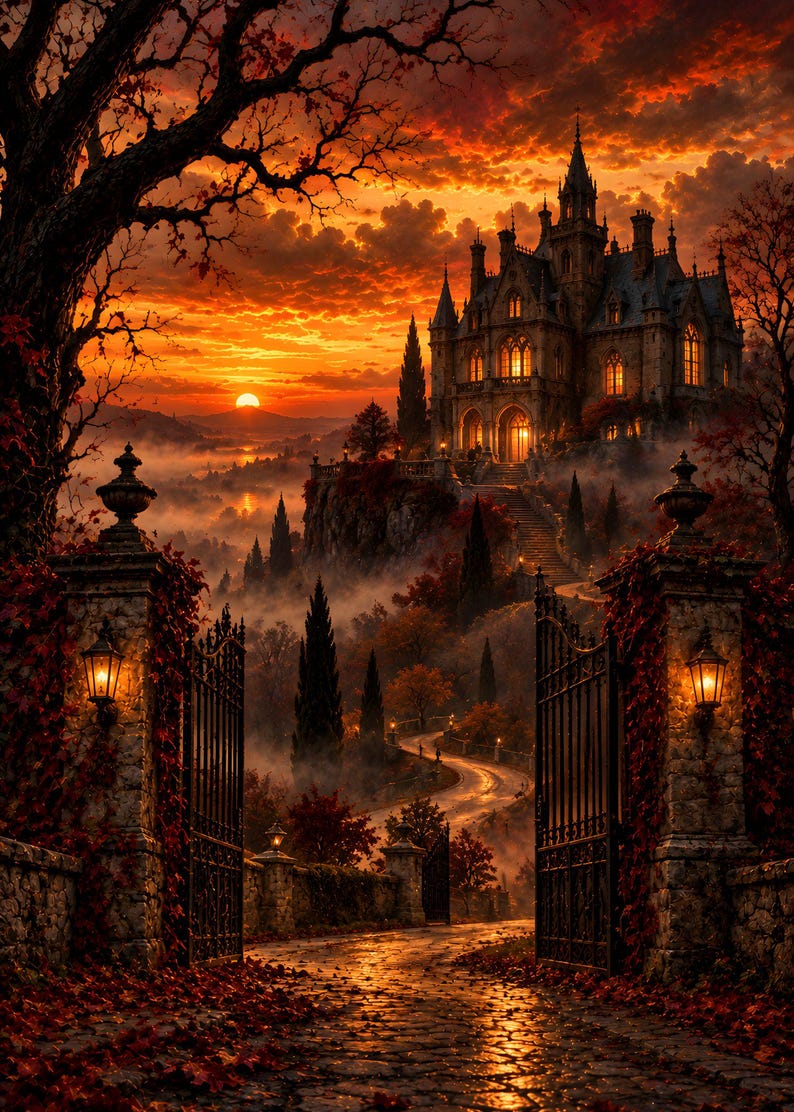 May include: A stone castle sits atop a hill at sunset, viewed through an open wrought iron gate. The scene features a winding path, glowing lanterns on stone pillars, and a vibrant orange sky filled with clouds above a misty, forested landscape.