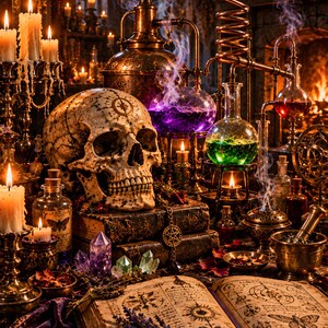 May include: A human skull rests on stacked leather-bound books next to a copper alembic still with bubbling purple and green liquids in glass flasks. An open grimoire with intricate ink illustrations and a dried lavender sprig sits in the foreground.