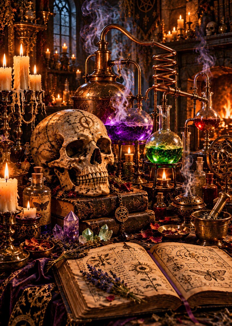 May include: A human skull rests on stacked leather-bound books next to a copper alembic still with bubbling purple and green liquids in glass flasks. An open grimoire with intricate ink illustrations and a dried lavender sprig sits in the foreground.