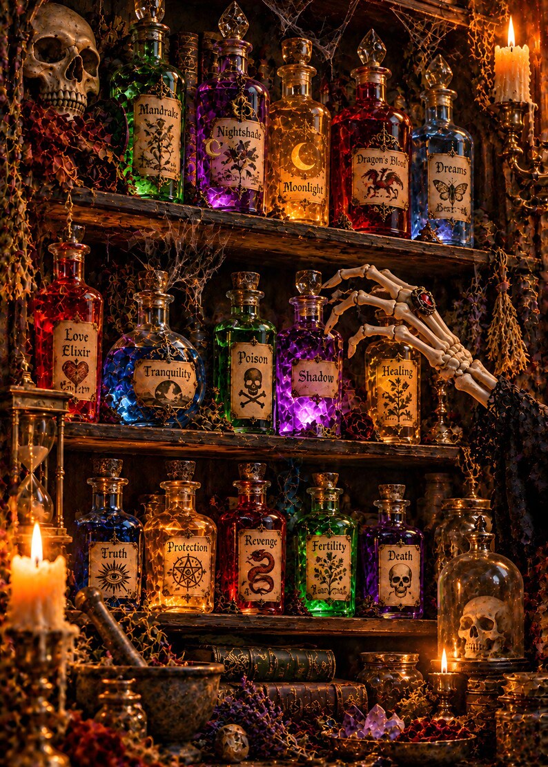 Curiosity Cabinet Art Set of 6 | Gothic Apothecary Prints | Dark Potion Skull Wall Art | Macabre Still Life Decor | Digital Download image 3