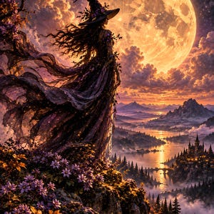 Puede incluir: Una figura con un vestido oscuro y fluido y un sombrero puntiagudo se encuentra en un acantilado con vistas a un valle con un r&iacute;o, un castillo y monta&ntilde;as bajo una gran luna naranja brillante en un cielo estrellado de tonos violetas y dorados.