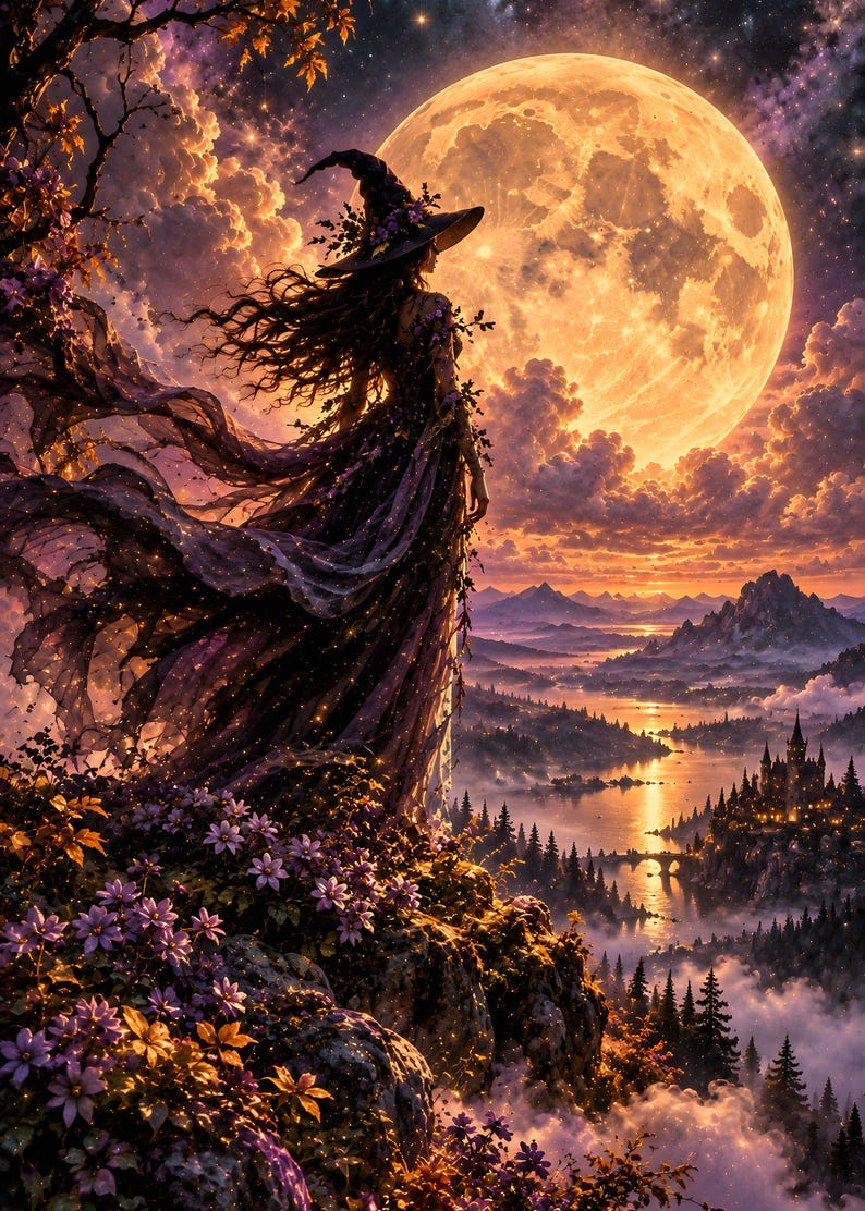 Puede incluir: Una figura con un vestido oscuro y fluido y un sombrero puntiagudo se encuentra en un acantilado con vistas a un valle con un r&iacute;o, un castillo y monta&ntilde;as bajo una gran luna naranja brillante en un cielo estrellado de tonos violetas y dorados.