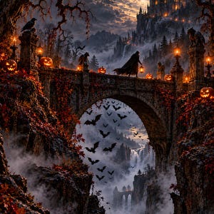 Op de afbeelding: Een donkere, sfeervolle sc&egrave;ne met een stenen brug versierd met gloeiende pompoenen en lantaarns. Een figuur in een mantel loopt over de brug naar een ver kasteel onder een volle maan, terwijl vleermuizen door de mistige kloof vliegen.