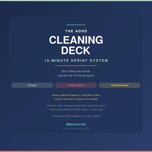 Puede incluir: Un gr&aacute;fico de producto digital titulado The ADHD Cleaning Deck 10-Minute Sprint System. Incluye texto que detalla 35 p&aacute;ginas, 10 sprints de habitaciones y descarga instant&aacute;nea. Enumera categor&iacute;as como cocina, ba&ntilde;o y dormitorio, adem&aacute;s de funciones como rastreador de h&aacute;bitos y registros mensuales.