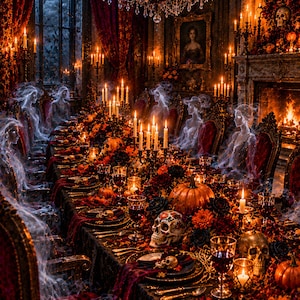 May include: A long dining table set for a feast in a dark room, featuring translucent ghostly figures seated in ornate chairs. The table is decorated with pumpkins, skulls, dark flowers, lit candles, and glassware filled with red liquid.