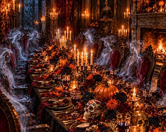 Ghost Banquet Art Set of 6 | Haunted Dinner Party Prints | Spectral Feast Wall Art | Gothic Halloween Table Decor | Digital Download