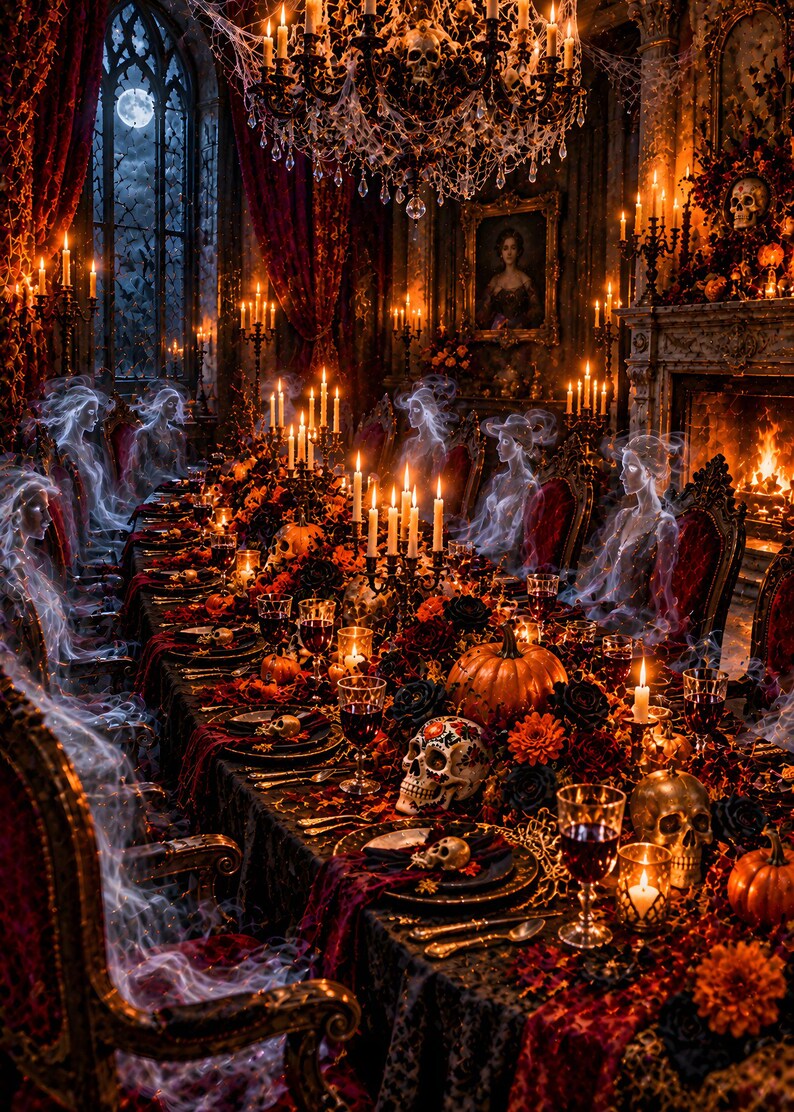 May include: A long dining table set for a feast in a dark room, featuring translucent ghostly figures seated in ornate chairs. The table is decorated with pumpkins, skulls, dark flowers, lit candles, and glassware filled with red liquid.
