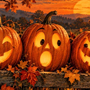 May include: Three carved orange pumpkins with illuminated faces resting on a wooden fence. The centre pumpkin has a surprised expression with wide eyes and an open mouth, flanked by two pumpkins with smiling faces, all surrounded by autumn leaves.