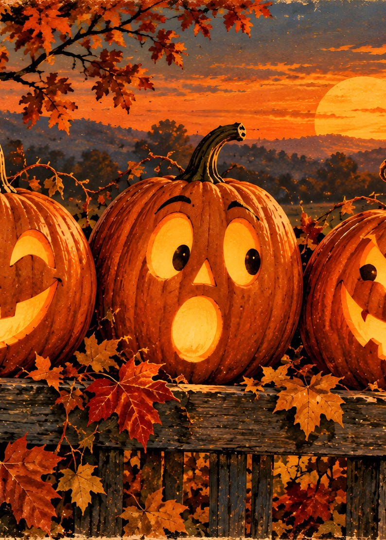 May include: Three carved orange pumpkins with illuminated faces resting on a wooden fence. The centre pumpkin has a surprised expression with wide eyes and an open mouth, flanked by two pumpkins with smiling faces, all surrounded by autumn leaves.