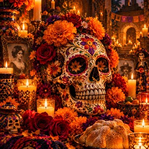 May include: A decorative sugar skull adorned with vibrant floral patterns and intricate colorful designs, surrounded by orange marigolds, lit candles, framed portraits, and a loaf of pan de muerto on a dark, patterned textile surface.