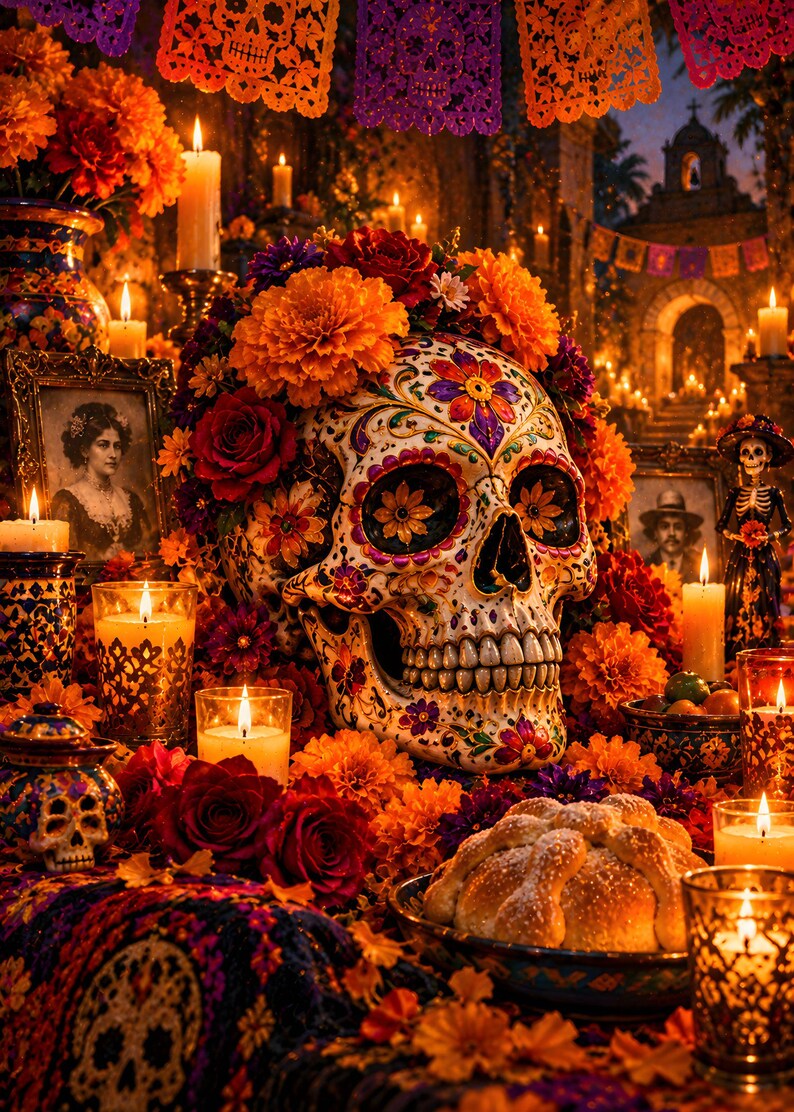 May include: A decorative sugar skull adorned with vibrant floral patterns and intricate colorful designs, surrounded by orange marigolds, lit candles, framed portraits, and a loaf of pan de muerto on a dark, patterned textile surface.