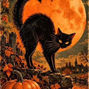 May include: A black cat with arched back and yellow eyes stands on a stone wall against a large orange full moon. An orange pumpkin sits in the foreground, surrounded by autumn maple leaves, a wooden fence, and a distant house silhouette.