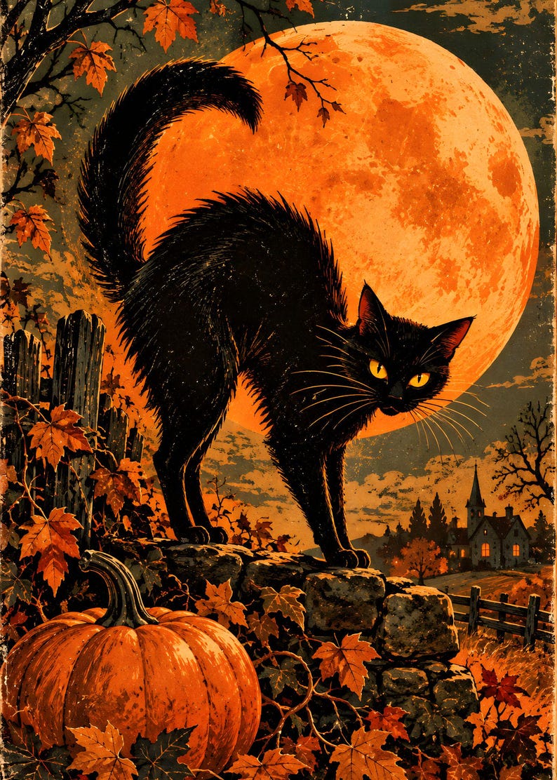 May include: A black cat with arched back and yellow eyes stands on a stone wall against a large orange full moon. An orange pumpkin sits in the foreground, surrounded by autumn maple leaves, a wooden fence, and a distant house silhouette.