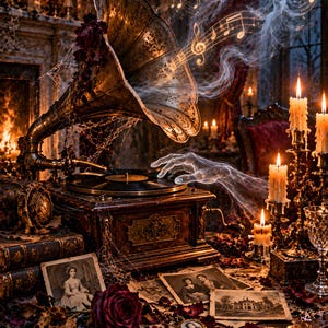 May include: An antique phonograph with a large brass horn, featuring a dark wooden base and a black vinyl record. A translucent spectral hand reaches toward the record, while ethereal figures and glowing musical notes emerge from the horn.