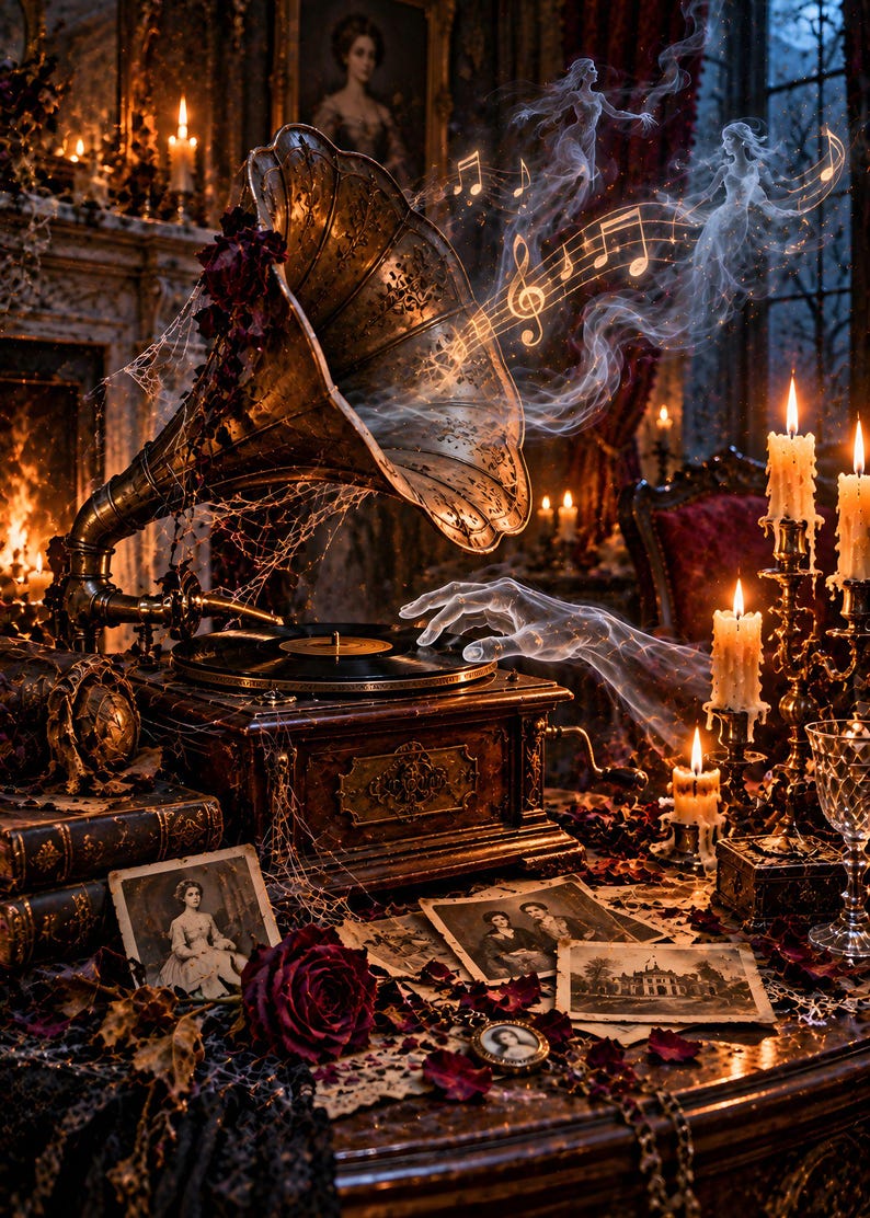 May include: An antique phonograph with a large brass horn, featuring a dark wooden base and a black vinyl record. A translucent spectral hand reaches toward the record, while ethereal figures and glowing musical notes emerge from the horn.