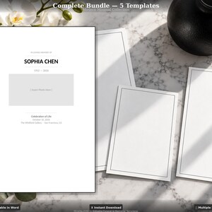 May include: A set of white funeral program templates with black borders and text. The main document features the name Sophia Chen, dates 1952-2026, a photo placeholder, and event details for a Celebration of Life in San Francisco.