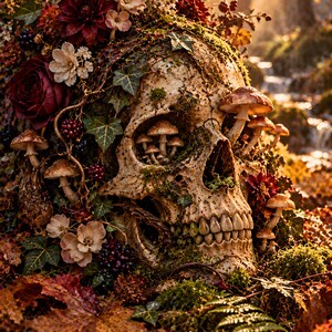 May include: A human skull adorned with moss, ivy, and various mushrooms growing from the eye sockets and surface. The skull is surrounded by dark red flowers, blackberries, and autumn leaves, creating a dense, textured, and organic composition.