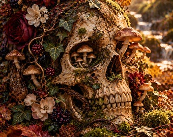 Elegant Skull Art Set of 6 | Floral Vanitas Prints | Gothic Mushroom Skull Wall Art | Dark Nature Decor | Halloween Digital Download
