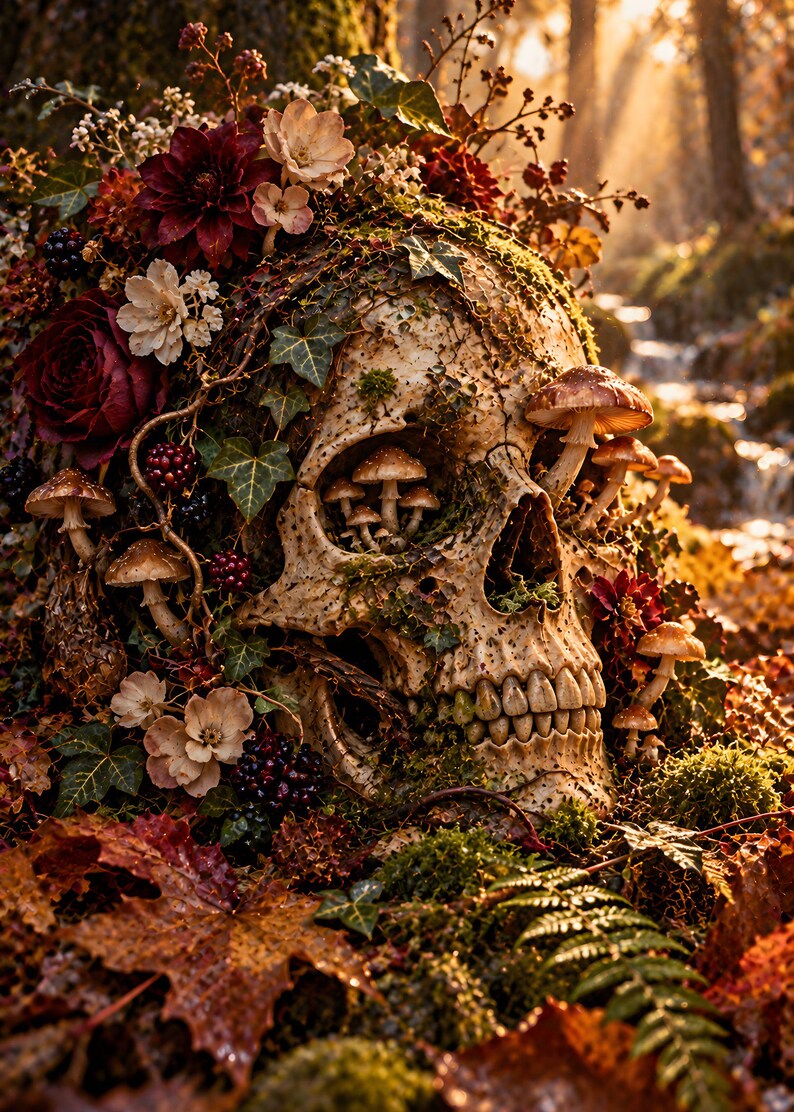 May include: A human skull adorned with moss, ivy, and various mushrooms growing from the eye sockets and surface. The skull is surrounded by dark red flowers, blackberries, and autumn leaves, creating a dense, textured, and organic composition.