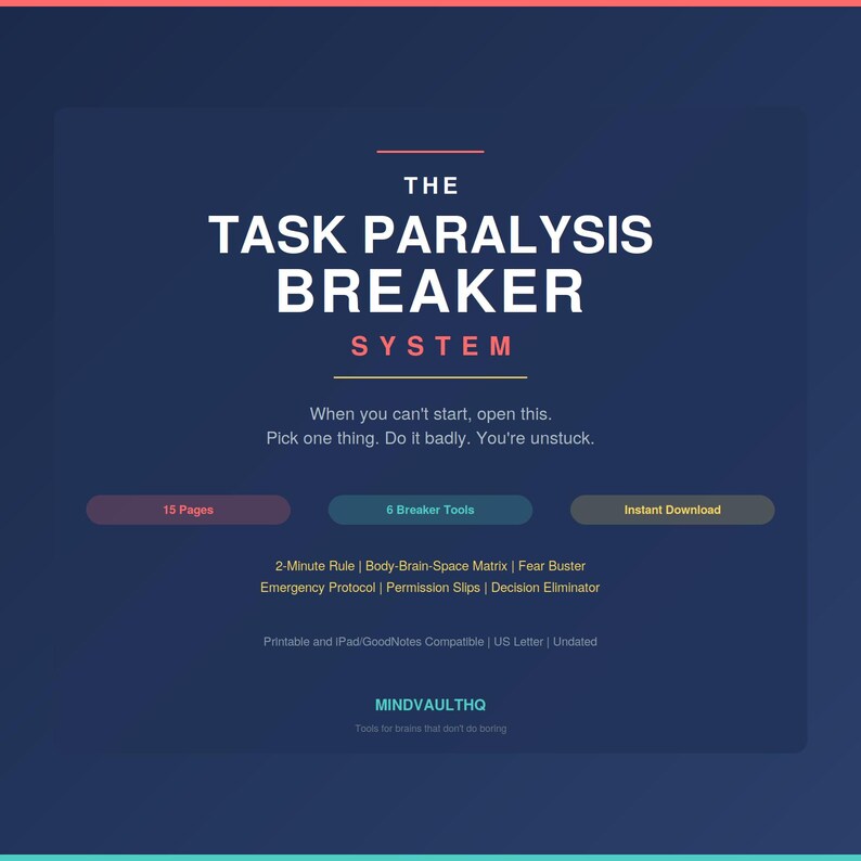 K&ouml;nnte beinhalten: Ein digitales Dokument mit dem Titel The Task Paralysis Breaker System auf dunkelblauem Hintergrund. Es listet 15 Seiten, 6 Breaker-Tools und Funktionen wie die 2-Minuten-Regel, Body-Brain-Space-Matrix, Fear Buster, Notfallprotokoll, Erlaubnisscheine und Entscheidungs-Eliminator auf.