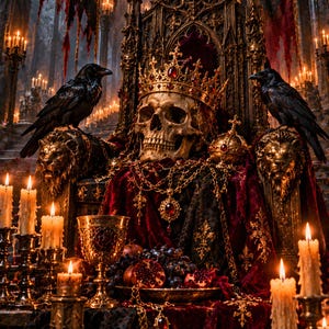 May include: A human skull wearing a gold crown with red gemstones sits on a dark throne featuring lion head carvings. Two black ravens perch on the armrests. A gold chalice, pomegranates, and grapes rest on a red velvet cloth with gold chains.