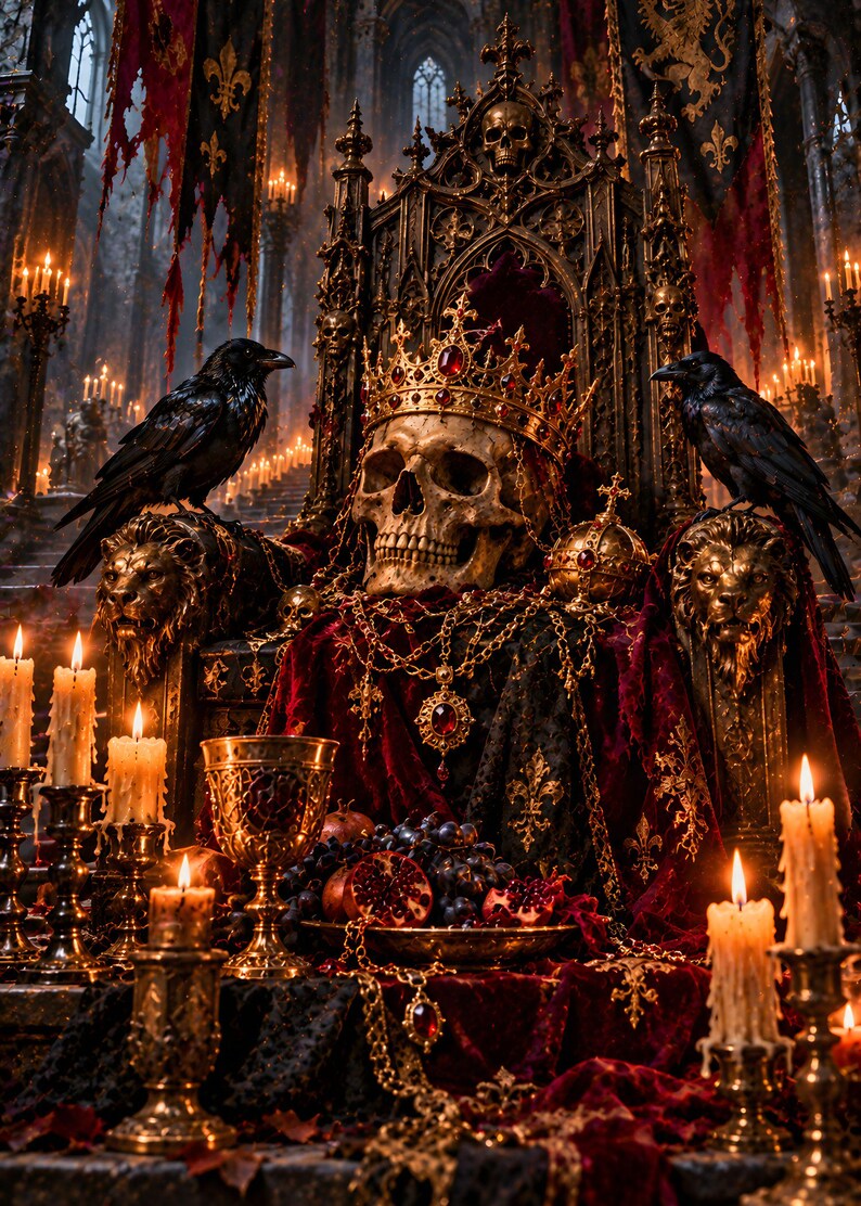 May include: A human skull wearing a gold crown with red gemstones sits on a dark throne featuring lion head carvings. Two black ravens perch on the armrests. A gold chalice, pomegranates, and grapes rest on a red velvet cloth with gold chains.