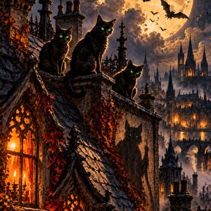 May include: A digital illustration of three black cats with glowing green eyes perched on a dark, ivy-covered gothic rooftop. A large, luminous full moon hangs in the night sky, surrounded by flying bats and a distant, illuminated castle city.