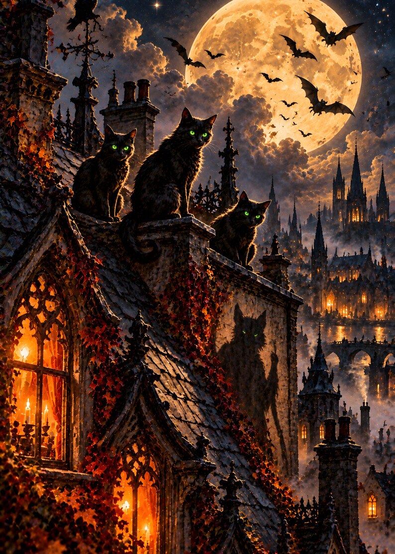 May include: A digital illustration of three black cats with glowing green eyes perched on a dark, ivy-covered gothic rooftop. A large, luminous full moon hangs in the night sky, surrounded by flying bats and a distant, illuminated castle city.