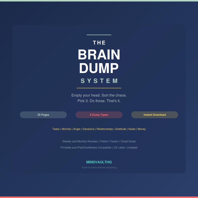 Puede incluir: Una portada de planificador digital azul oscuro titulada The Brain Dump System. Incluye el texto Empty your head. Sort the chaos. Pick 3. Do those. That's it. Enumera 35 Pages, 8 Dump Types e Instant Download, adem&aacute;s de categor&iacute;as como Tasks, Worries, Anger, Decisions, Relationships, Gratitude, Goals y Money.