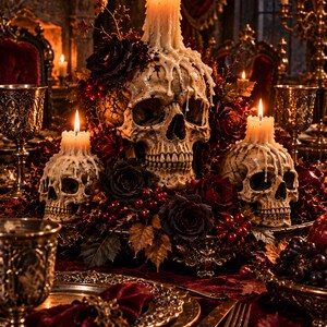 May include: A centerpiece featuring three human-like skulls arranged on a dark surface, each topped with a lit pillar candle with dripping wax. The skulls are surrounded by dark red roses, deep purple berries, and autumn-toned foliage.