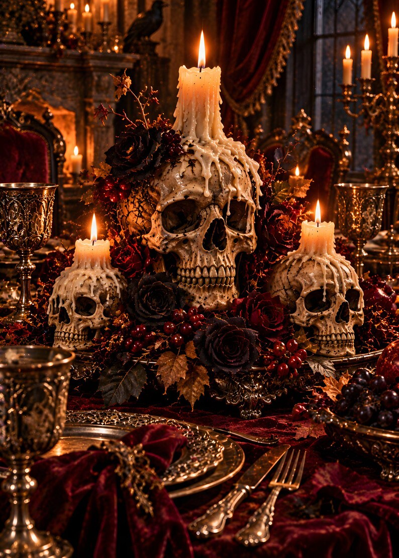 May include: A centerpiece featuring three human-like skulls arranged on a dark surface, each topped with a lit pillar candle with dripping wax. The skulls are surrounded by dark red roses, deep purple berries, and autumn-toned foliage.