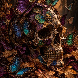 May include: A human skull adorned with numerous iridescent butterflies in shades of purple, blue, and green. The skull is nestled among a collection of dried, textured autumn leaves in deep brown and gold tones, creating a layered, detailed composition.