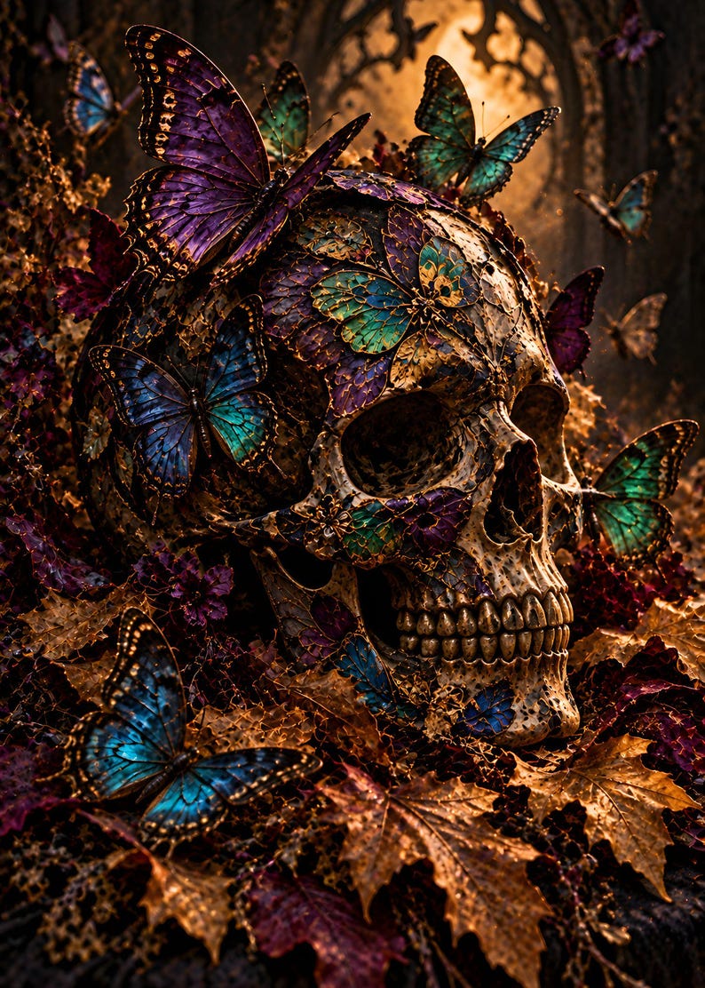 May include: A human skull adorned with numerous iridescent butterflies in shades of purple, blue, and green. The skull is nestled among a collection of dried, textured autumn leaves in deep brown and gold tones, creating a layered, detailed composition.
