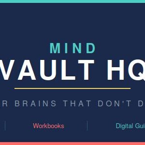 K&ouml;nnte beinhalten: Ein dunkelblaues Banner mit dem wei&szlig;en Text MIND VAULT HQ und dem Untertitel TOOLS FOR BRAINS THAT DON'T DO BORING. Darunter befindet sich ein Men&uuml; mit ADHD Planners, Productivity Systems, Workbooks, Digital Guides und Instant Download.